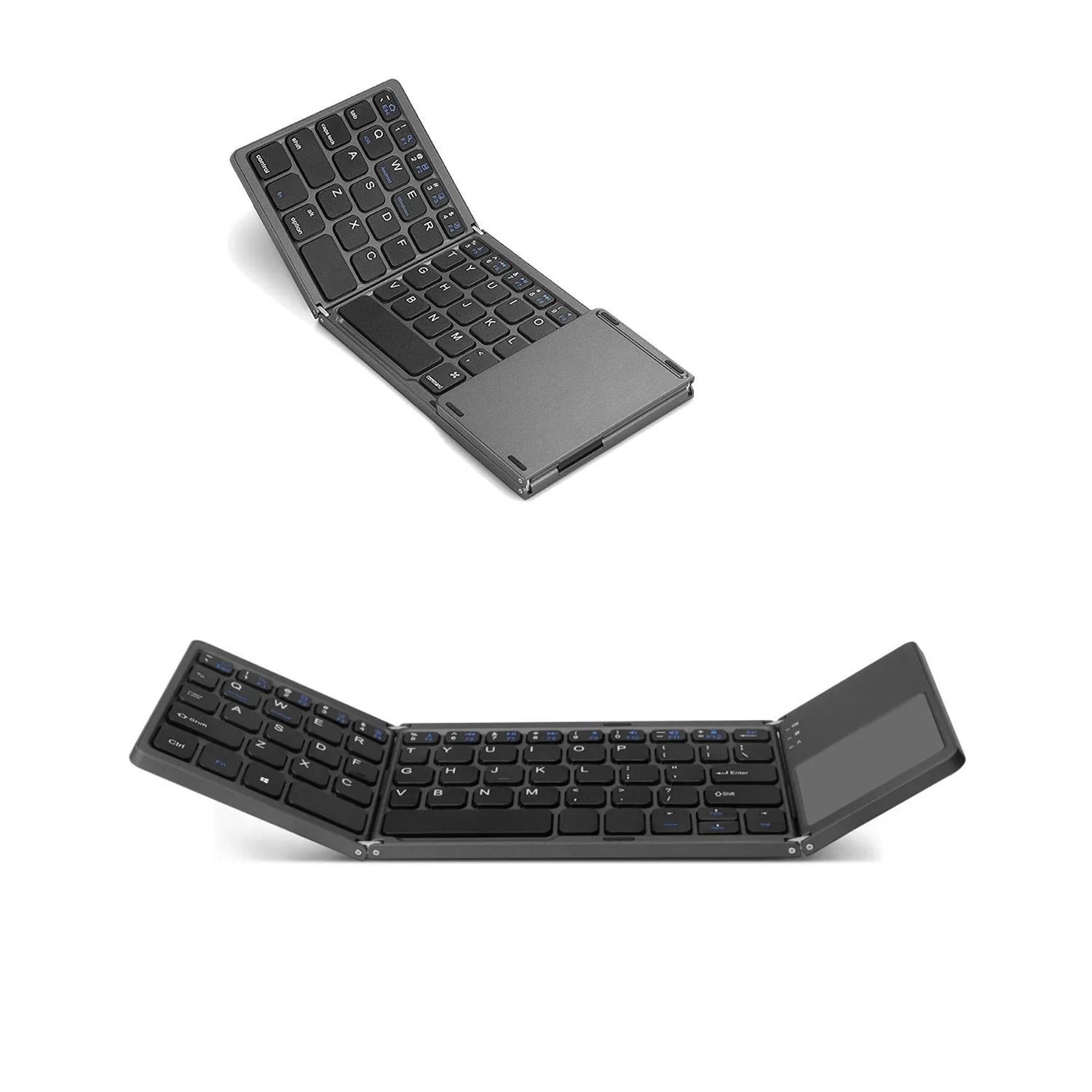 Black tri-fold Bluetooth keyboard showing folded and unfolded positions with thin 0.8cm profile