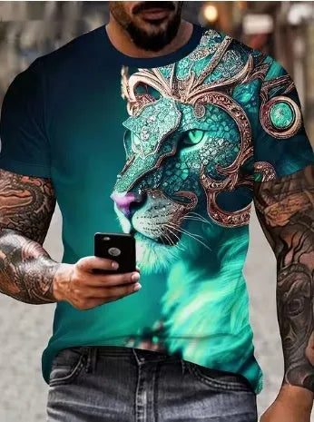 Men's grey T-shirt with a detailed 3D lion face print on the front.