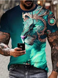 Men's grey T-shirt with a detailed 3D lion face print on the front.