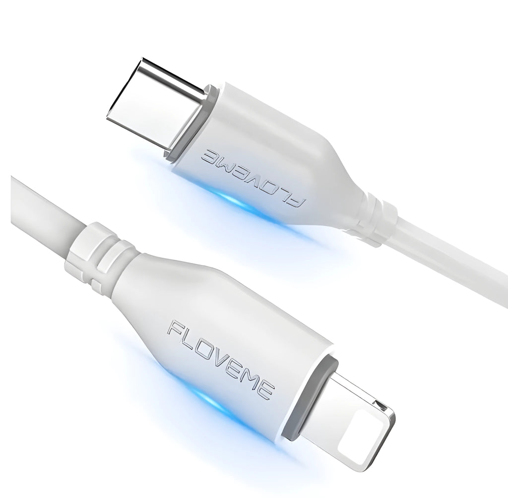 White nylon braided USB-C to Lightning charging cable for iPhone and iPad.
