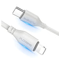 White nylon braided USB-C to Lightning charging cable for iPhone and iPad.
