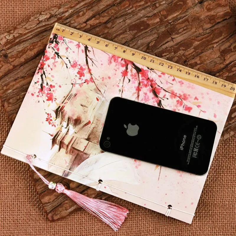 Traditional Chinese thread-bound notebook in Azalea watercolour design showing ancient binding and open flat pages