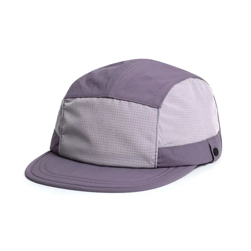 Khaki coloured dome crown summer cap made from breathable polyester fabric on a white background.