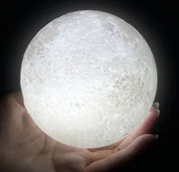3D printed spherical moon lamp showing lunar surface texture on wooden holder
