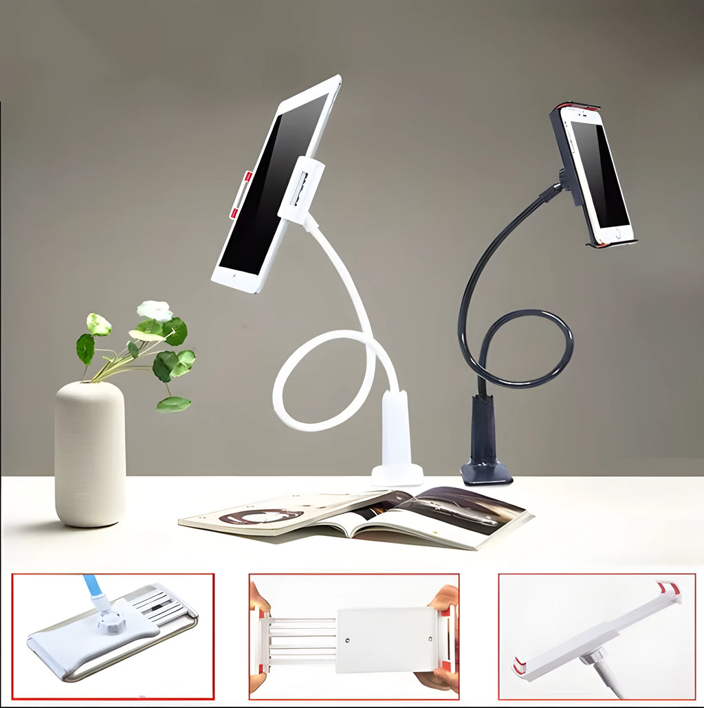 Bedside long-arm mobile phone holder in aluminium alloy and plastic on a table.