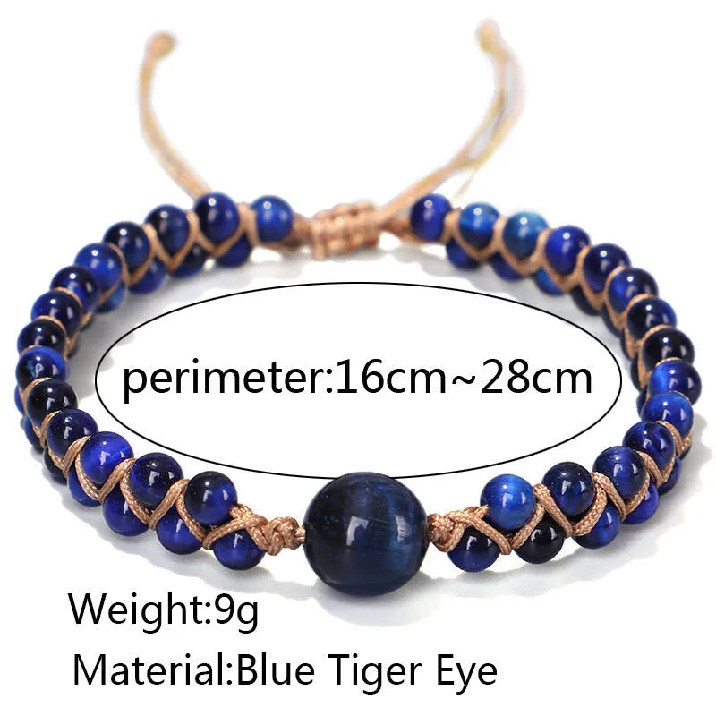 Handmade woven geometric pull bracelet with adjustable sliding knot in blue tiger eye stone