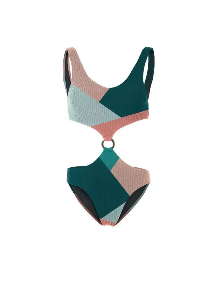 Women's contrast colour bikini set with mesh gauze skirt on a mannequin