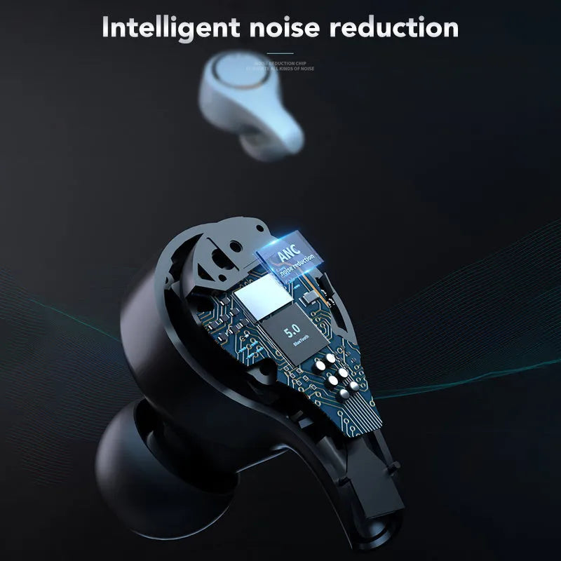 Black and white ANC active noise cancelling Bluetooth headphones with earplug design