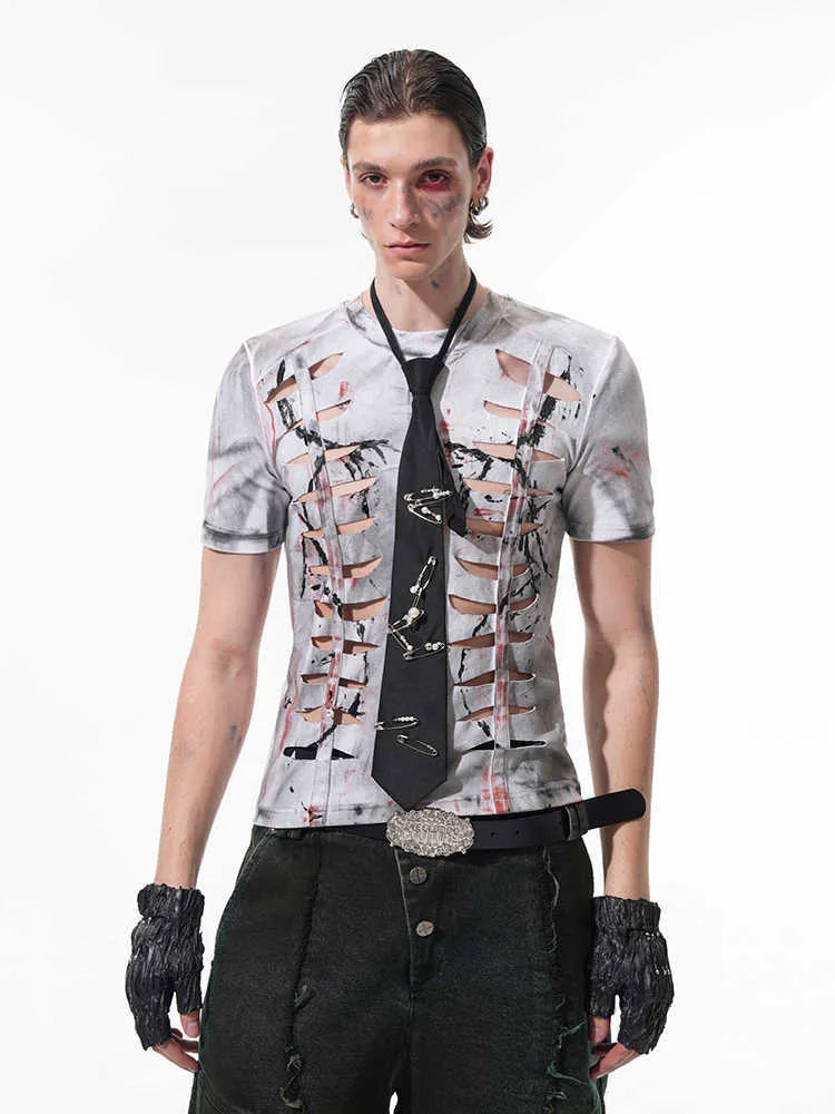 Men's white cotton t-shirt with hollow-out cut design and short sleeves