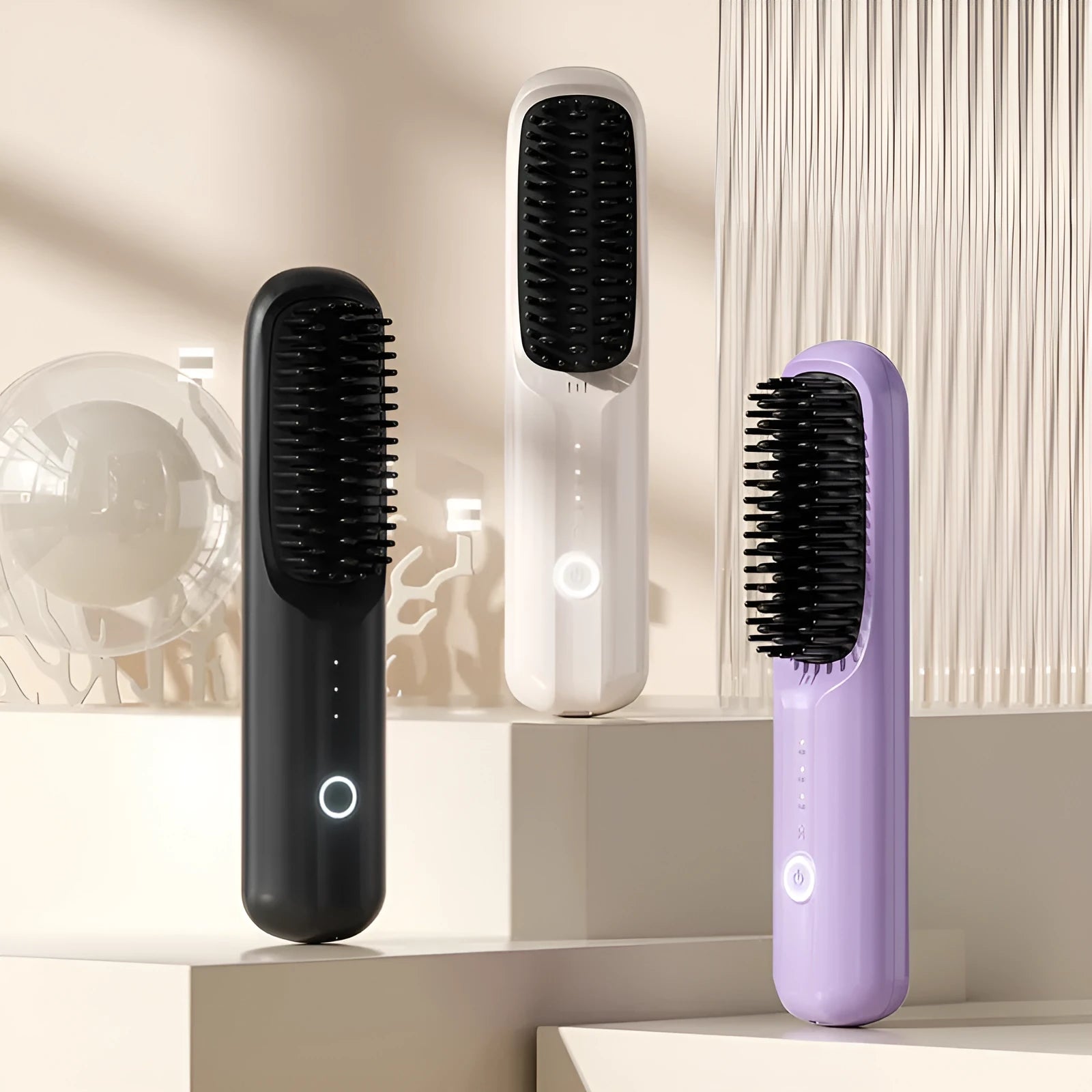 Wireless anion straightening comb in beige, pink, purple, or black colours with Type-C charging port.