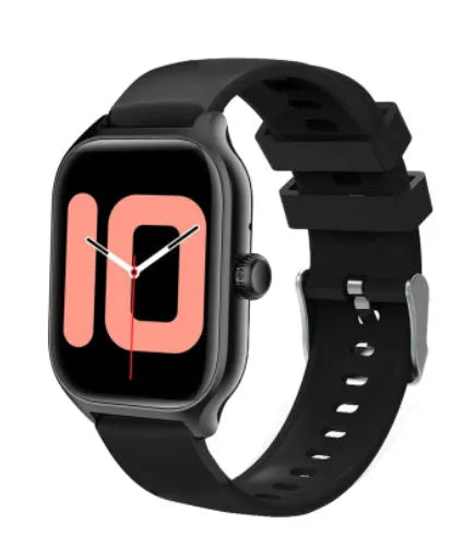 Black Bluetooth smart watch with touch screen and silicone strap on a wrist
