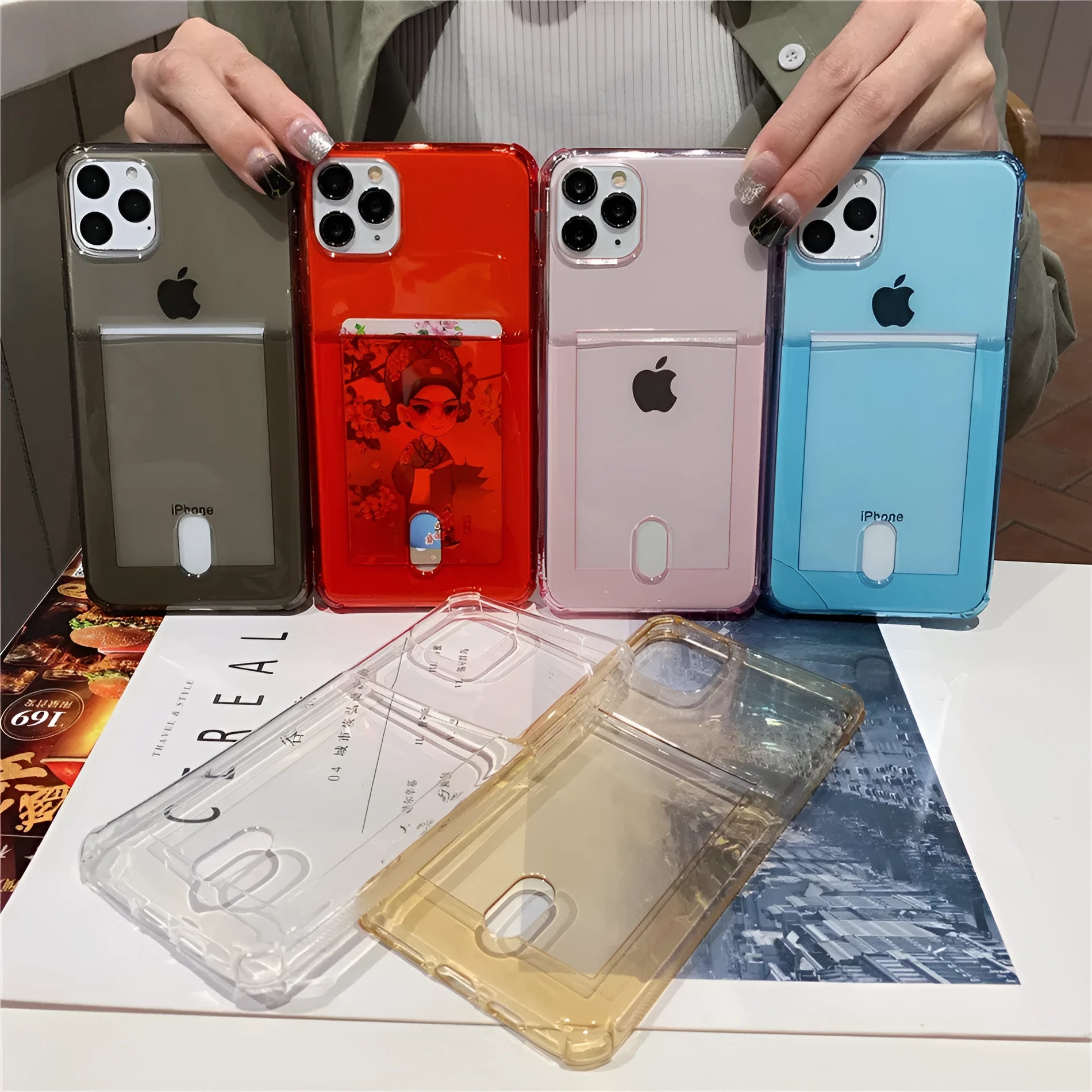 Transparent card holder phone case for Apple iPhone in silicone material showing card storage compartment