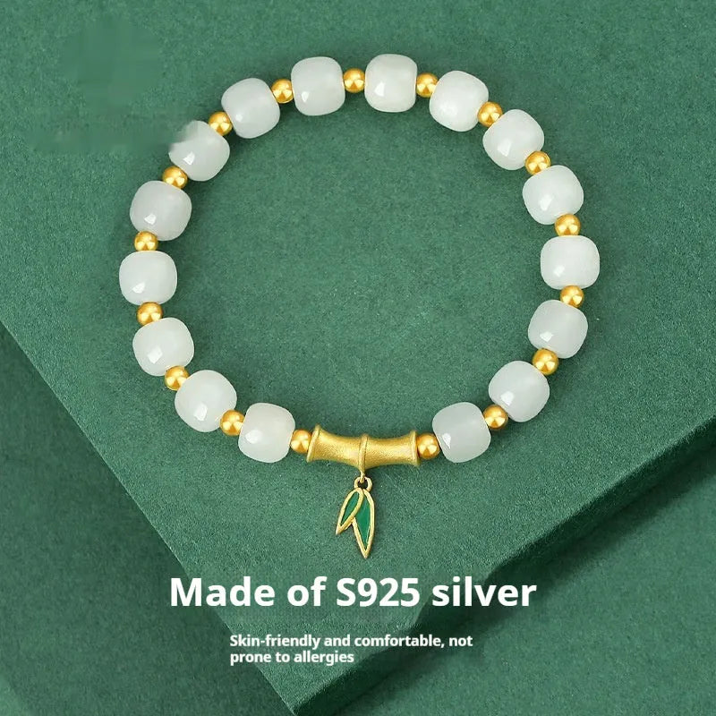S925 sterling silver bracelet with natural Hetian jade bamboo leaf beads, 6mm size.