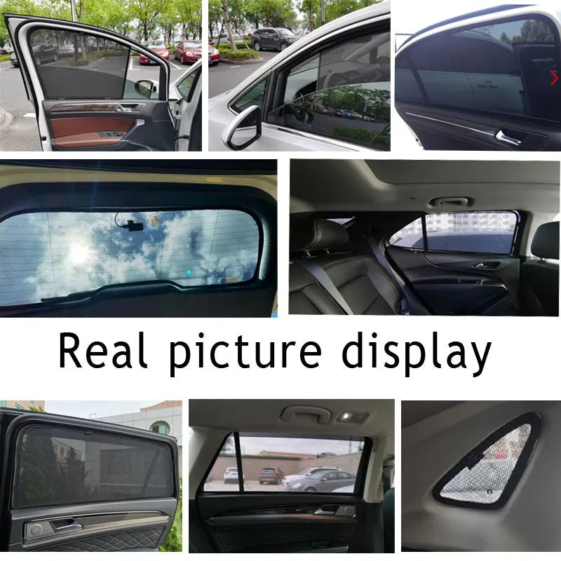 Nylon mesh car sunshade curtain set for front and rear windows including triangle windows