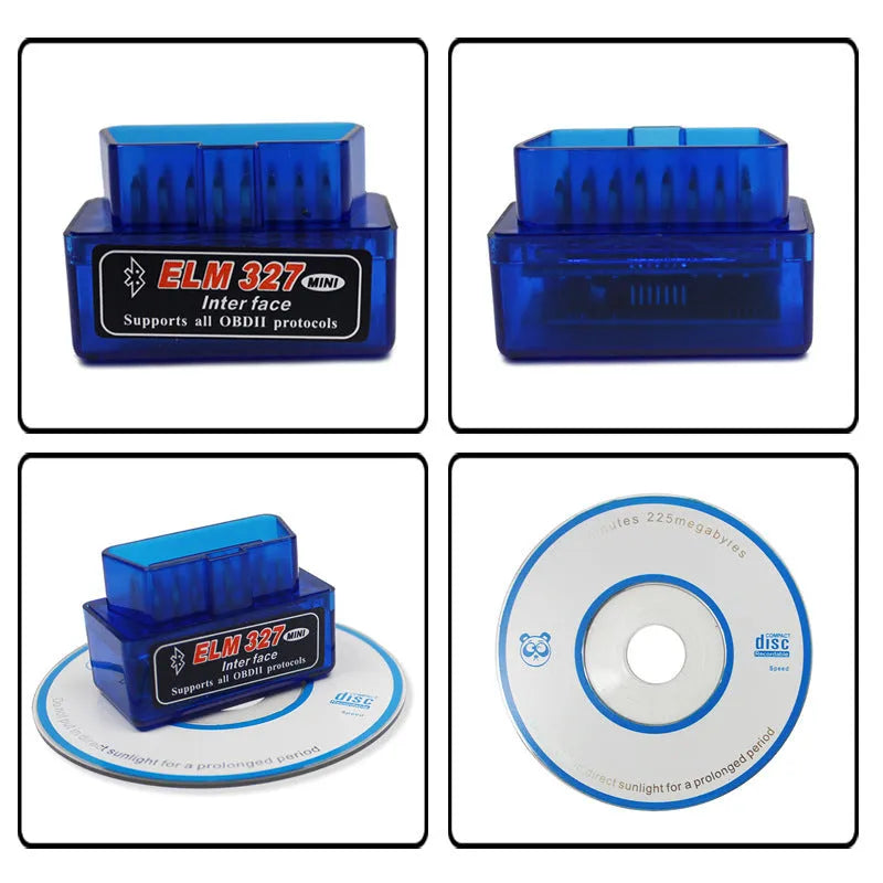 Small black Bluetooth OBD2 car diagnostic scanner next to a vehicle's diagnostic port