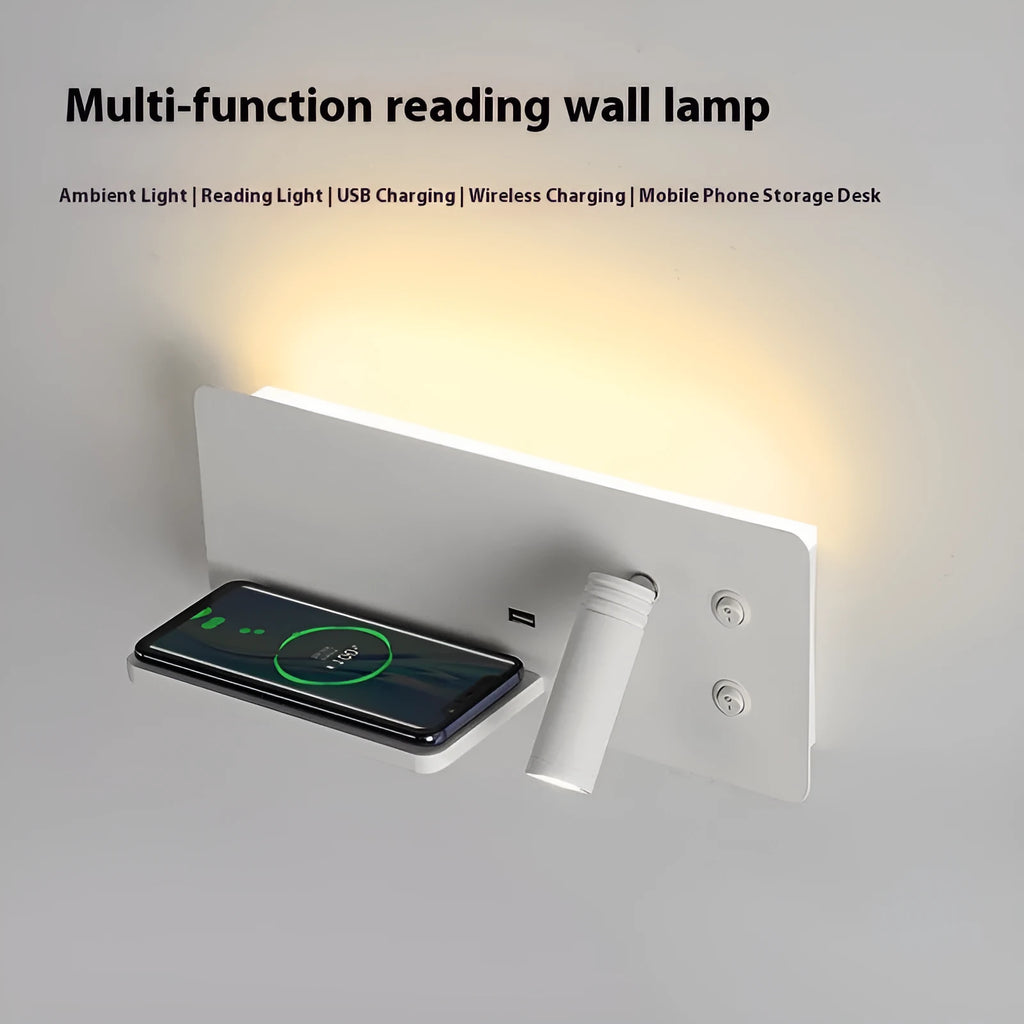 Nordic minimalist wall lamp with warm LED light and wireless charging pad for mobile phone
