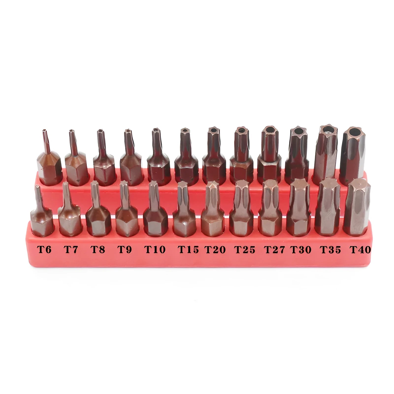 Black steel screwdriver bit set showing T6 to T40 sizes with magnetic tip and hexagon shank