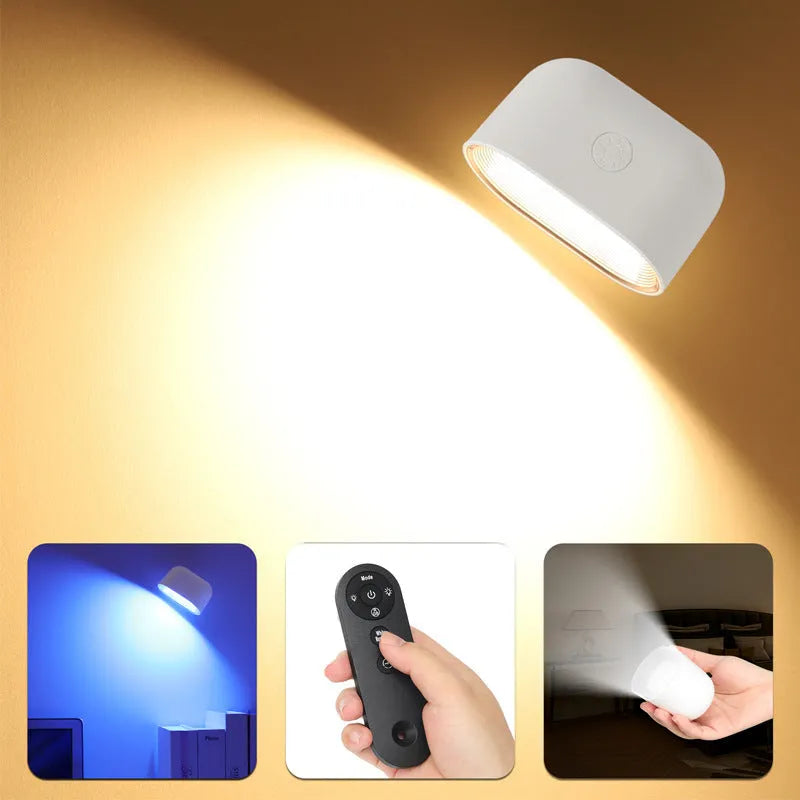 Oval white remote control magnetic wall lamp with USB charging cable on a plain background.