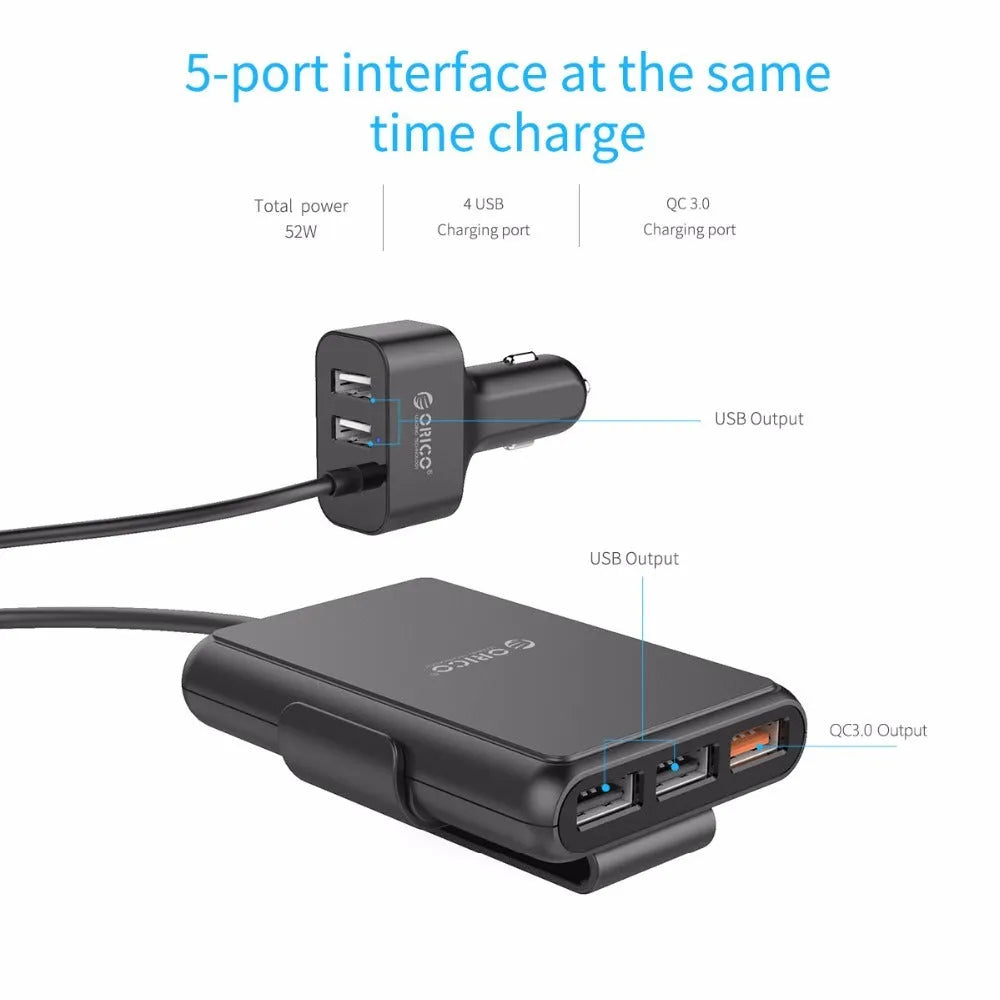 ORICO 5 port 52W QC3.0 car charger with fireproof PC ABS housing black