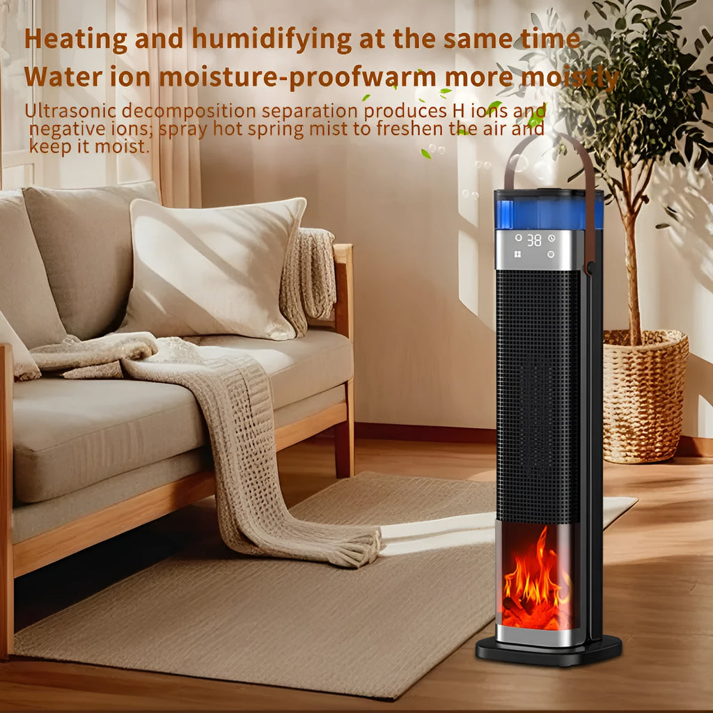 Tall white tower heater with remote control displaying humidification function and voice command capabilities