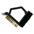 Triangular-shaped barbecue cleaning brush with steel wire bristles and a black PP plastic handle.