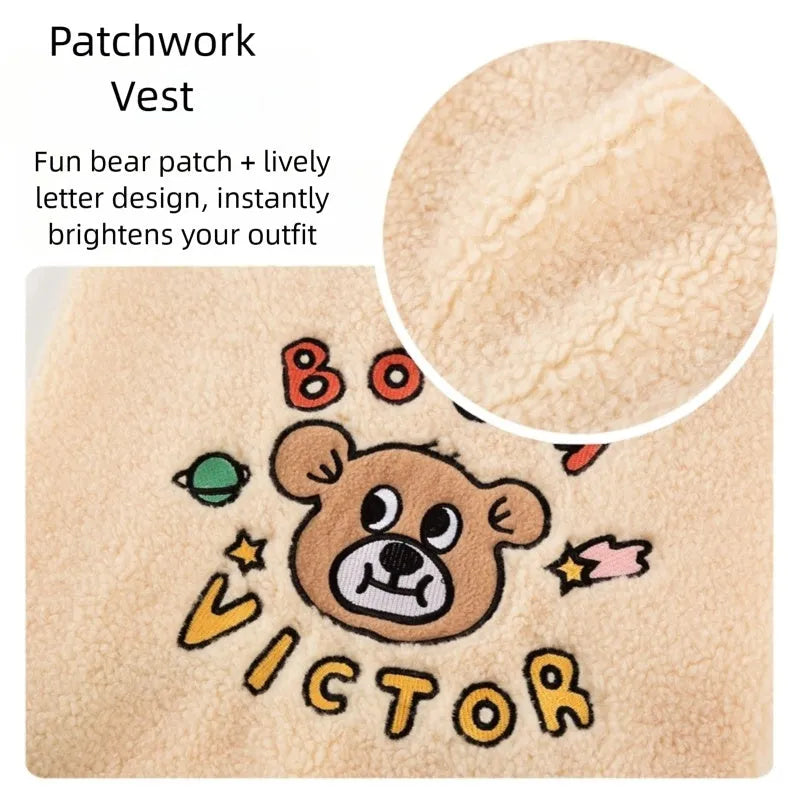Beige Sherpa fleece dog vest with bear pattern for large and medium dogs