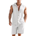 Men's linen sleeveless shirt and shorts suit in light blue, laid flat.