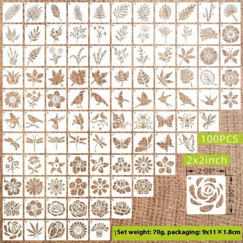 Milky white PET film spray painting stencils showing 2-inch flower, animal, letter, and leaf hollow designs.