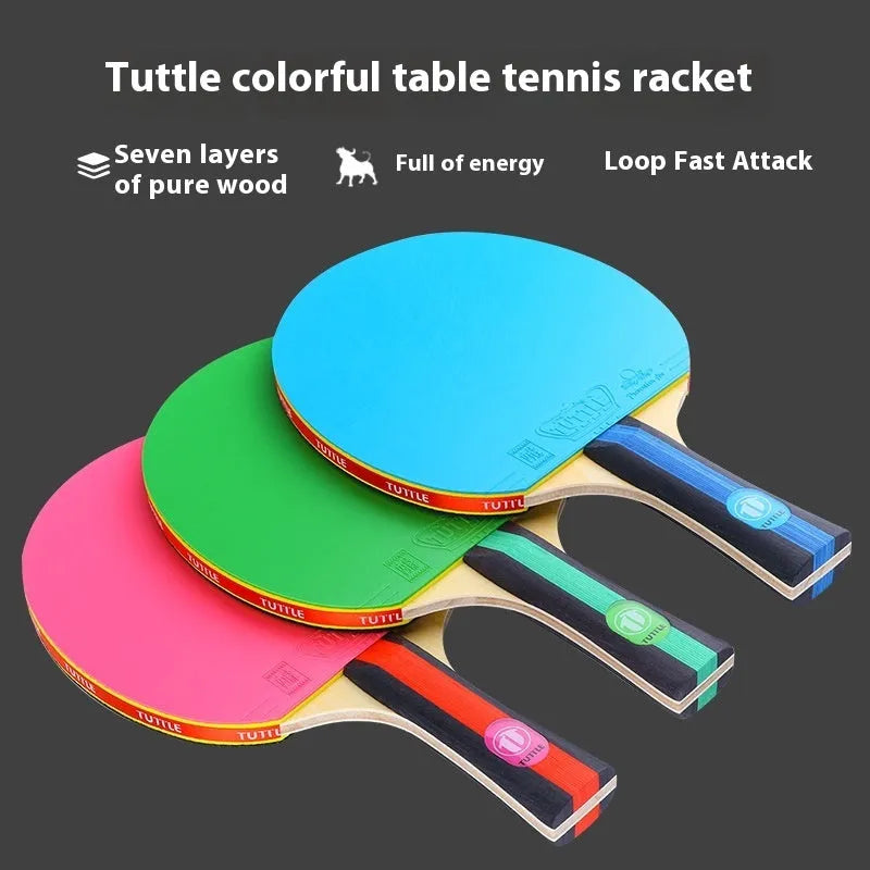 Table tennis racket with protective cover in choice of pink, blue or green colours with long handle shakehand grip