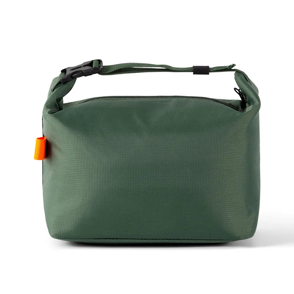 Japanese style insulated Oxford cloth lunch bag in Army Green colour showing wide opening.