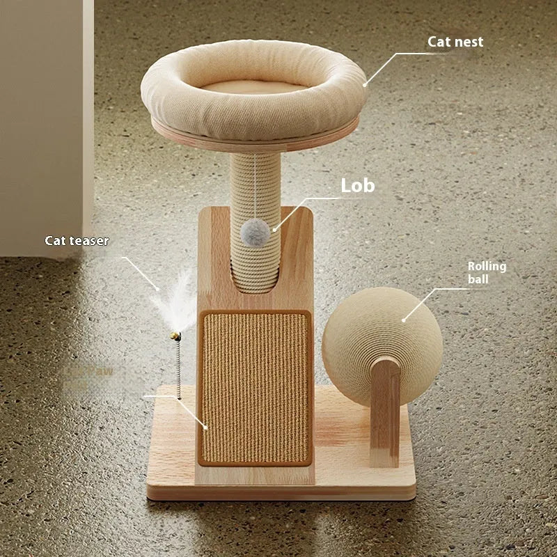 Jute coloured cat climbing frame with sisal scratching posts and compact design