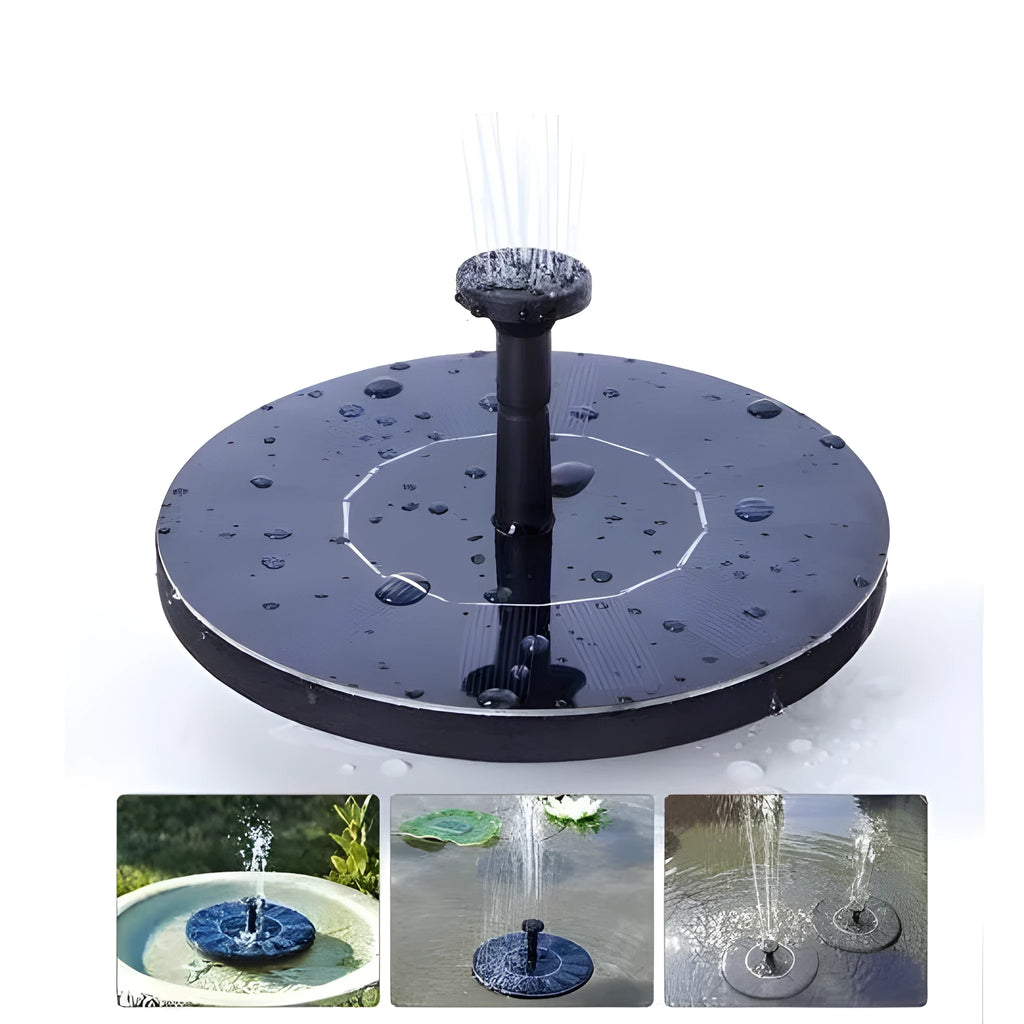 Black solar-powered water fountain pump with four spray nozzles, placed in a birdbath.