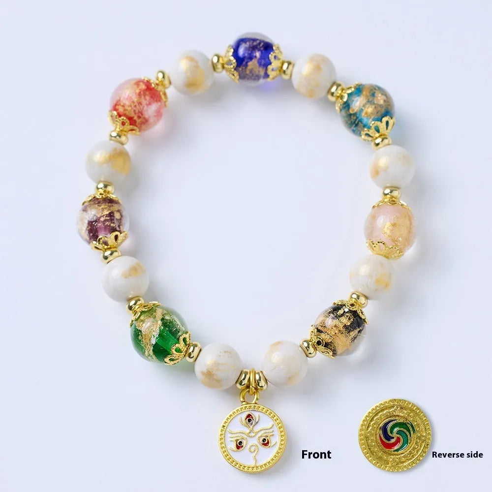 Handmade glass glaze bracelet with Five Gods of Wealth design on 10mm geometric beads.
