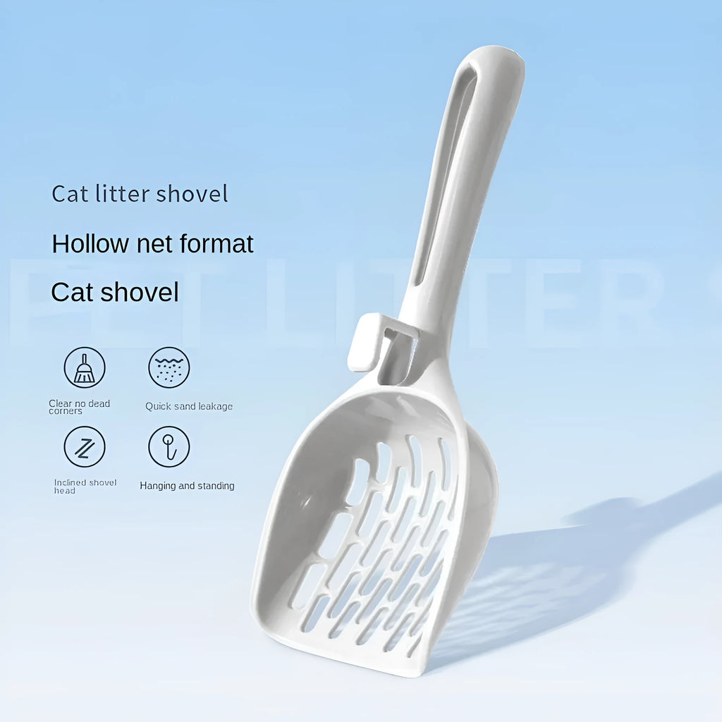 Grey plastic cat litter scoop with base stand showing drainage holes and ergonomic handle