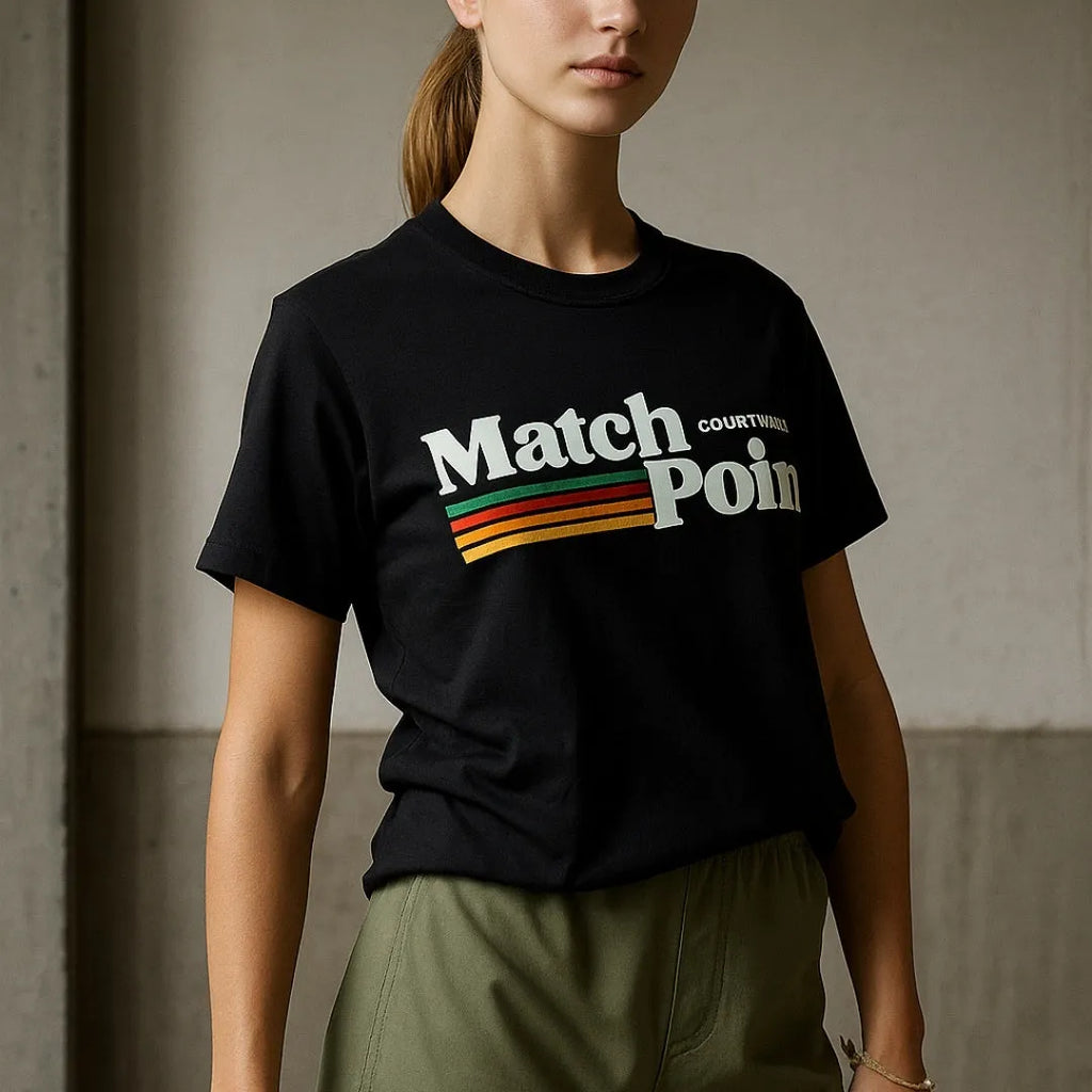 Black men's T-shirt with a 3D digital printed text pattern, short sleeves, and a round neck.