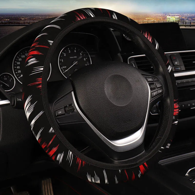 Elastic imitation leather steering wheel cover in black red colour without inner ring, sports style
