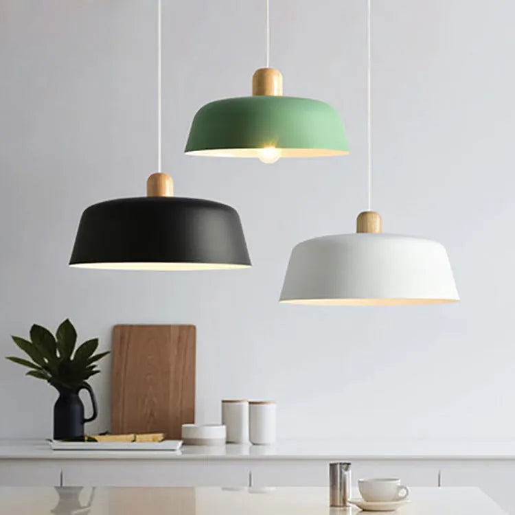 Nordic wood pendant lighting fixture round black hanging lamp for kitchen dining room adjustable height 1.2m