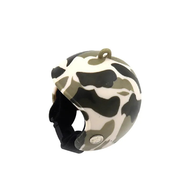Plastic chicken helmet pet accessory in various colours and designs for poultry headgear.