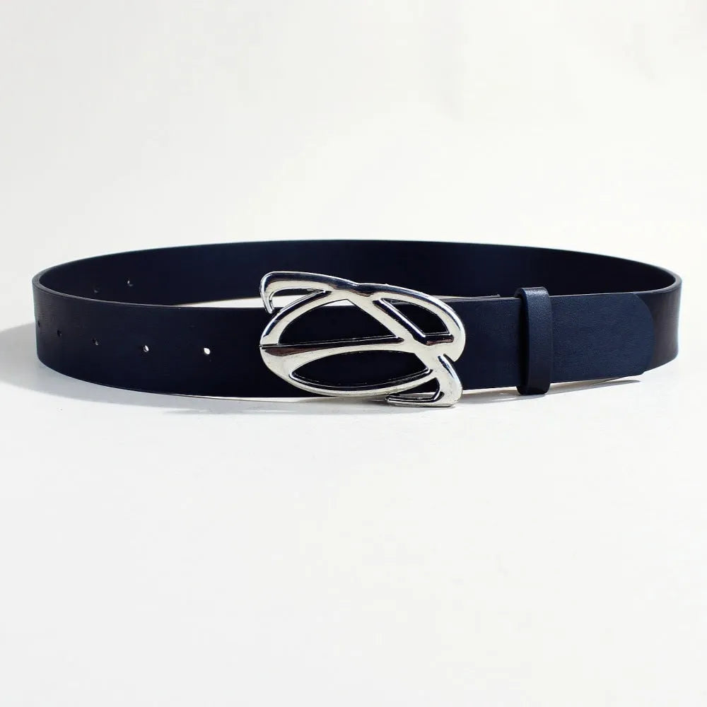 Casual PU leather belt with silver alloy buckle and snap button closure in 105cm length