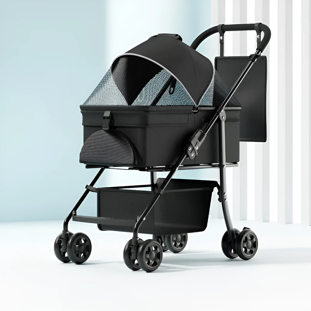 Black one-click folding metal pet cart with detachable design for dogs and small animals