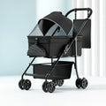 Black one-click folding metal pet cart with detachable design for dogs and small animals