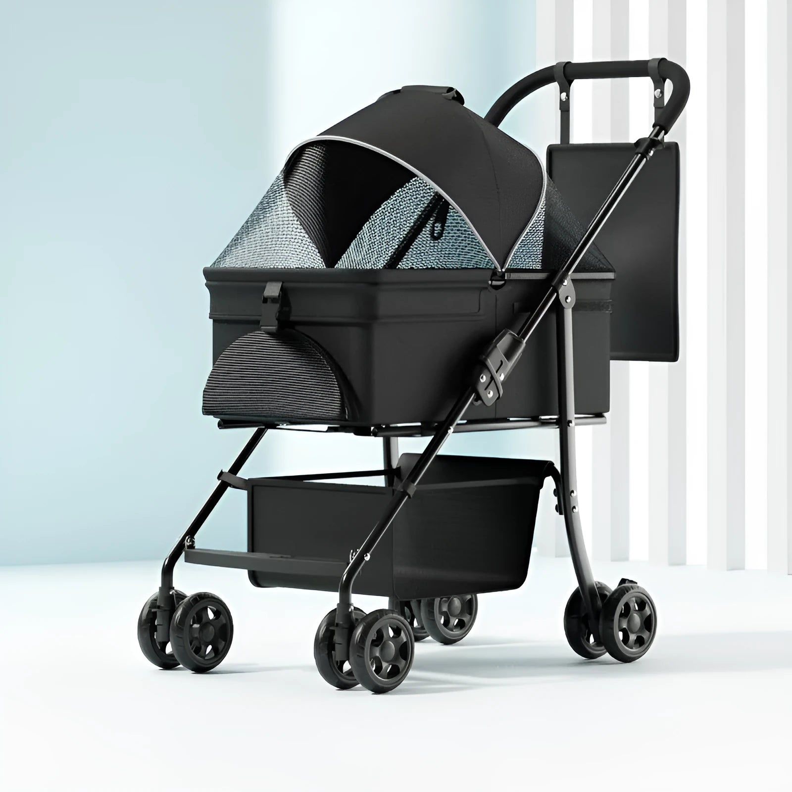 Black one-click folding metal pet cart with detachable design for dogs and small animals