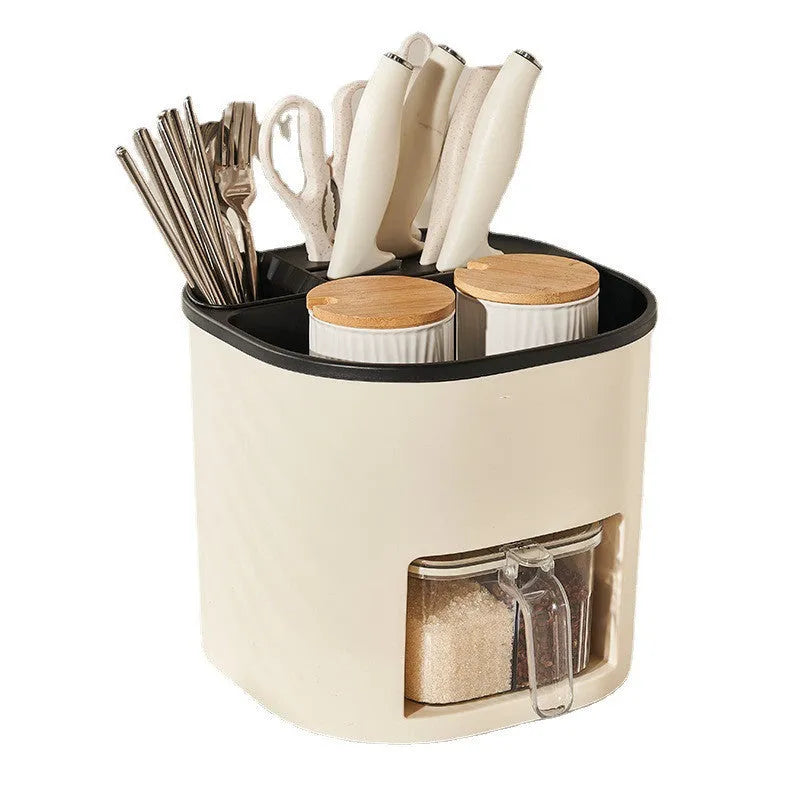 White rotating kitchen storage bucket and four-compartment spice box organiser for cutlery and seasonings.