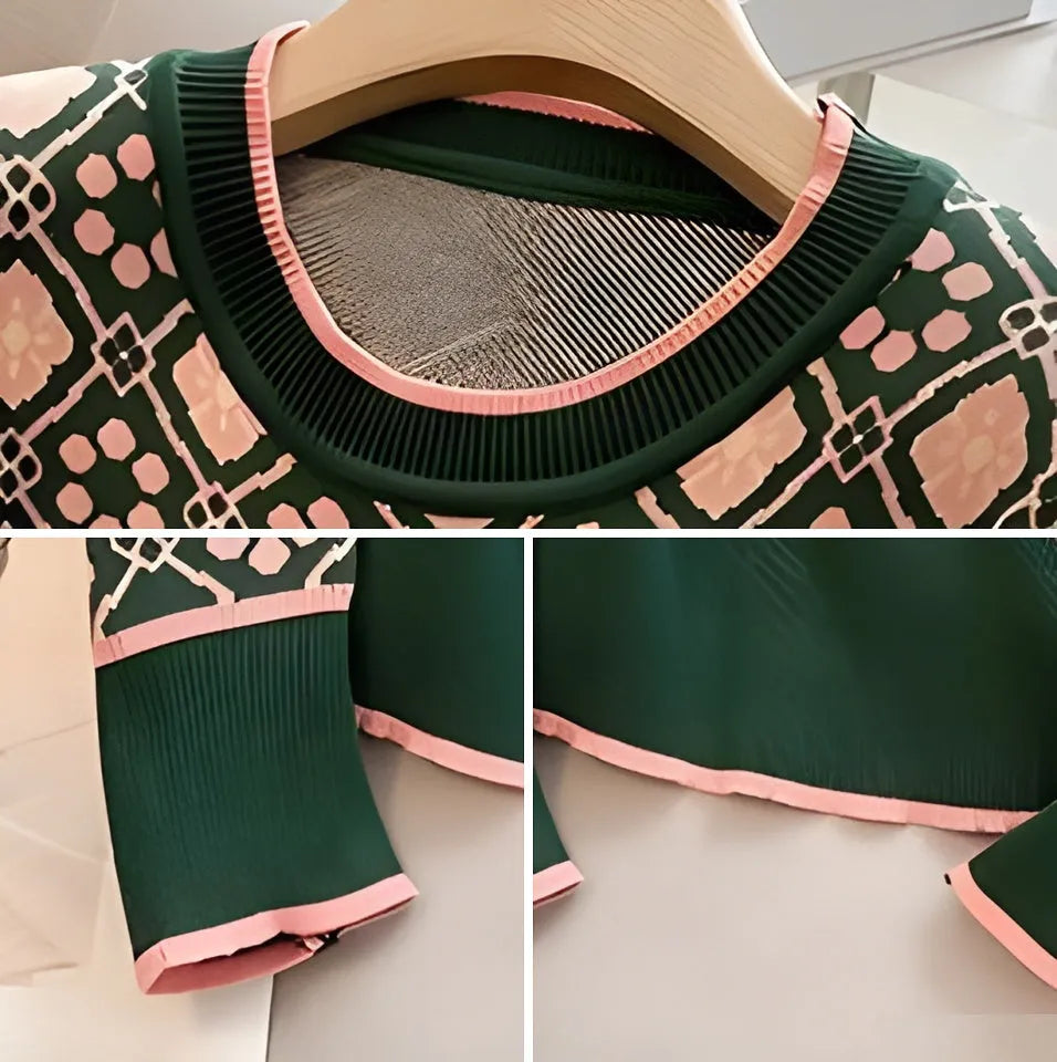 Green women's printed sweater with loose fit design for commuting wear