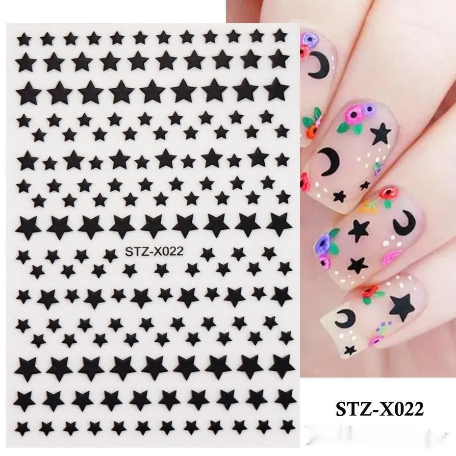 Cartoon nail art stickers sheet with black and silver love heart designs