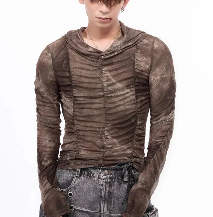 Boys lightweight ice silk bottoming shirt with printing pleating detail in polyester fabric