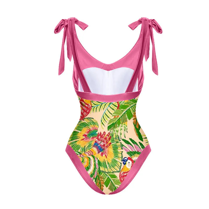 Retro pink floral print one-piece swimsuit with V-neck, covered belly and thin skirt overlay