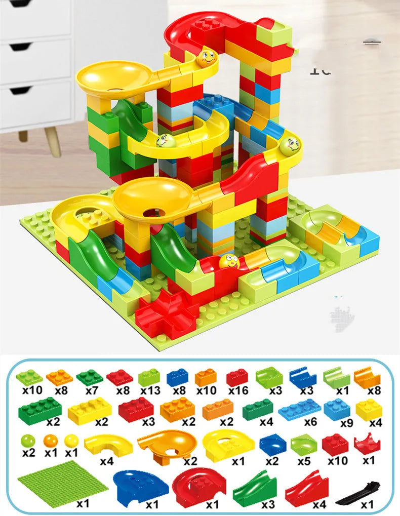 168-336 piece plastic building block set with race run track and funnel slide in colour box packaging