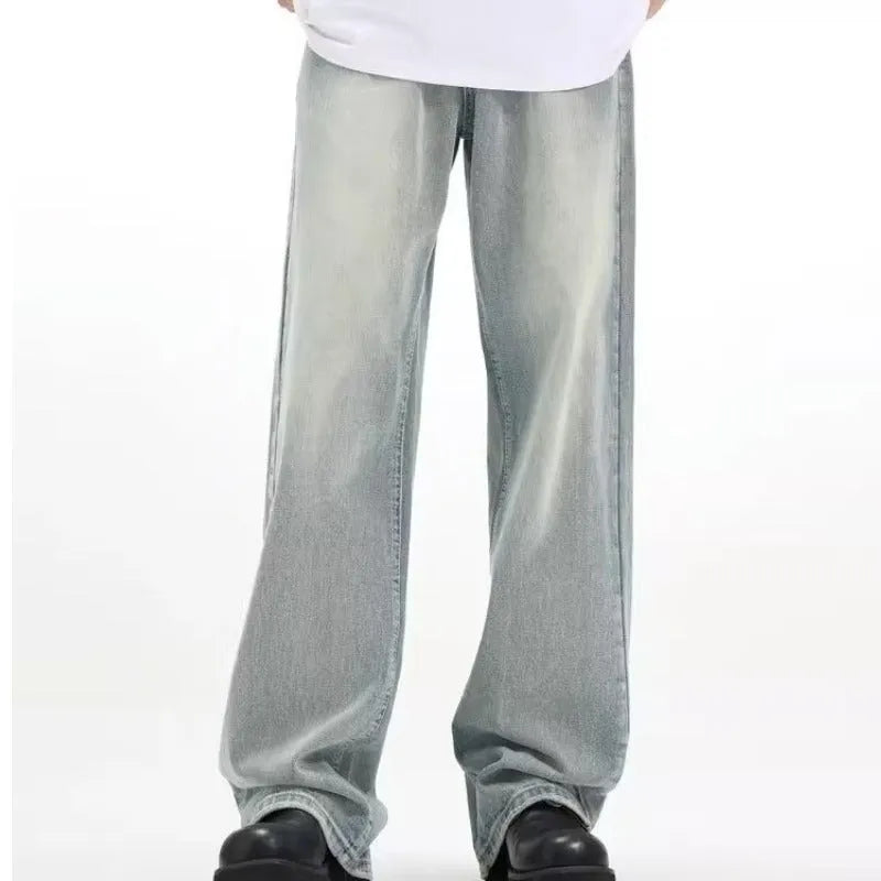 Blue loose-fit retro men's trousers with an elastic waistband, made from rabbit fur fabric.
