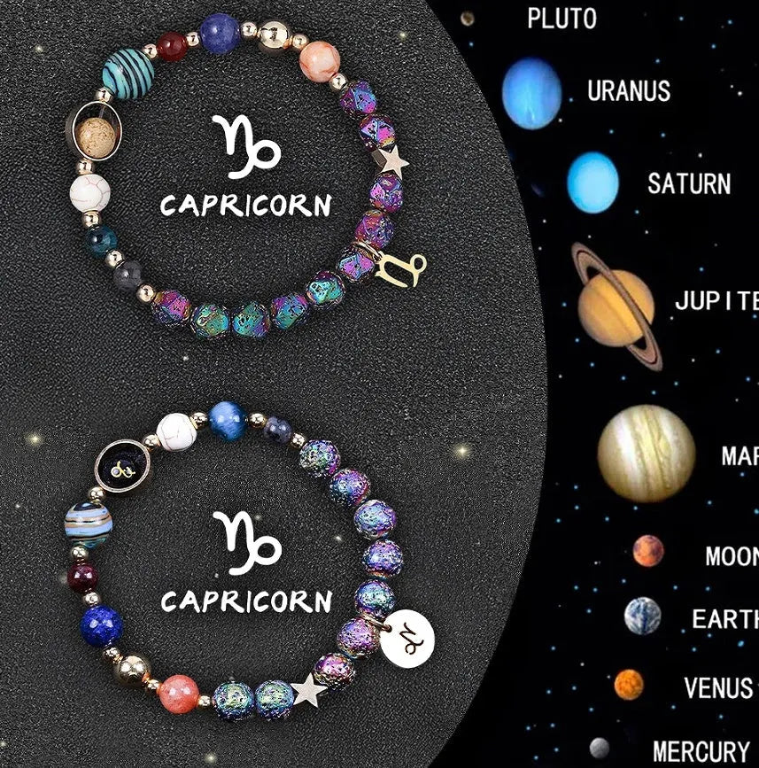 Set of two natural stone beaded bracelets showing different Chinese Zodiac sign designs.